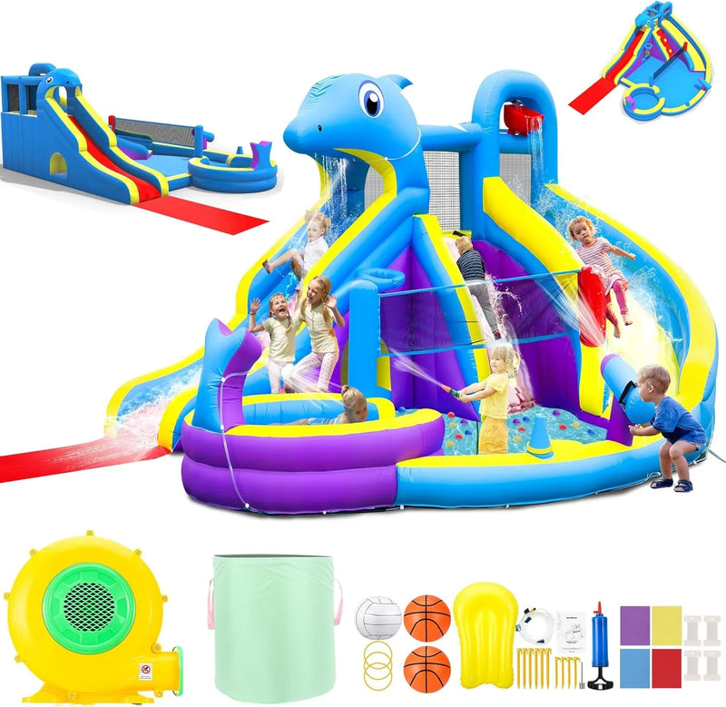 11-in-1 Inflatable Water Slide & Dolphin Bounce House w/2 Long Slides, 19.7 Ft x 13.1 Ft Extra Large Waterslide Climbing Wall w/Small Deeper Pool,Water Cannons,Hoop for Kids Backyard,550W Blower J8
