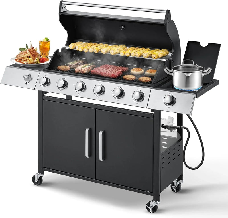 Upgraded 4 Burner BBQ Propane Gas Grill with Cast Iron Grates & Side Stove, 44,000 BTU Stainless Steel Burner Barbecue Grill for Patio, Camping, Outdoor Cooking MELLCOM G3