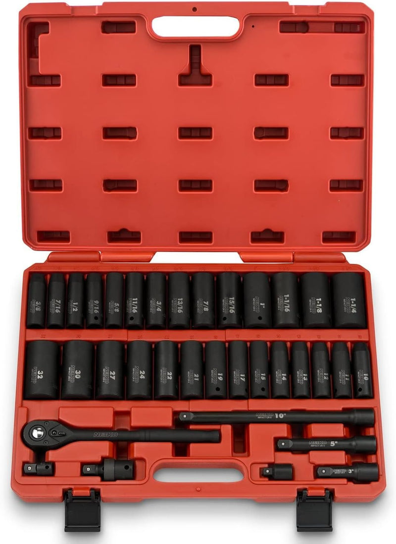 02448A 1/2" Drive Master Impact Socket Set, 65 Piece, Standard SAE (3/8"-1-1/4") & Metric (10-24 mm) Sizes, Deep & Shallow Kit, Includes Adapters & Ratchet Handle Y5