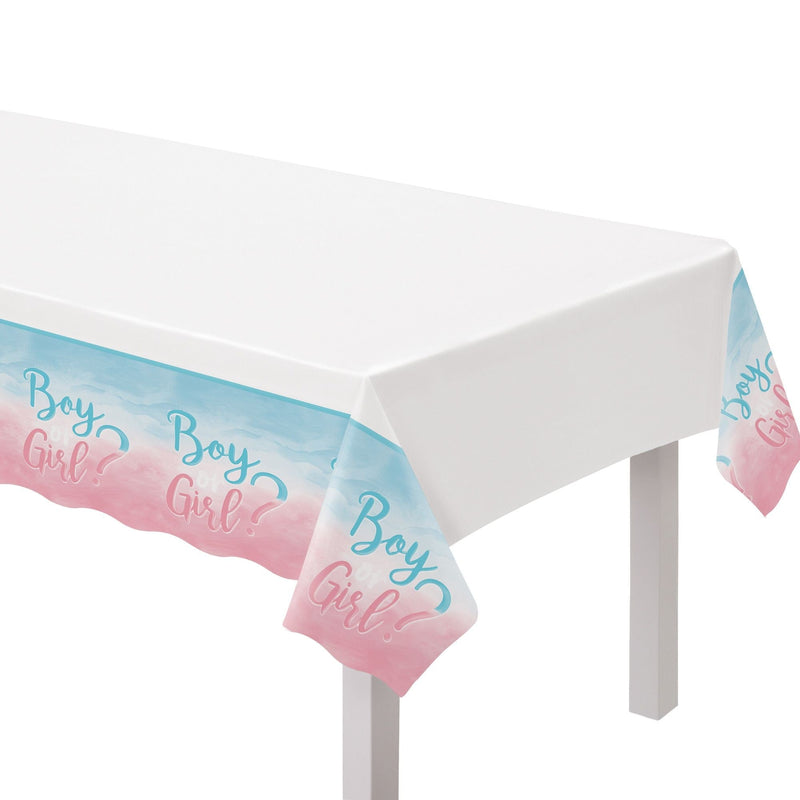 "Girl or Boy?" Rectangle Plastic Reusable Table Cover, Pink/Blue, 54x102-in, for Gender Reveal Y7