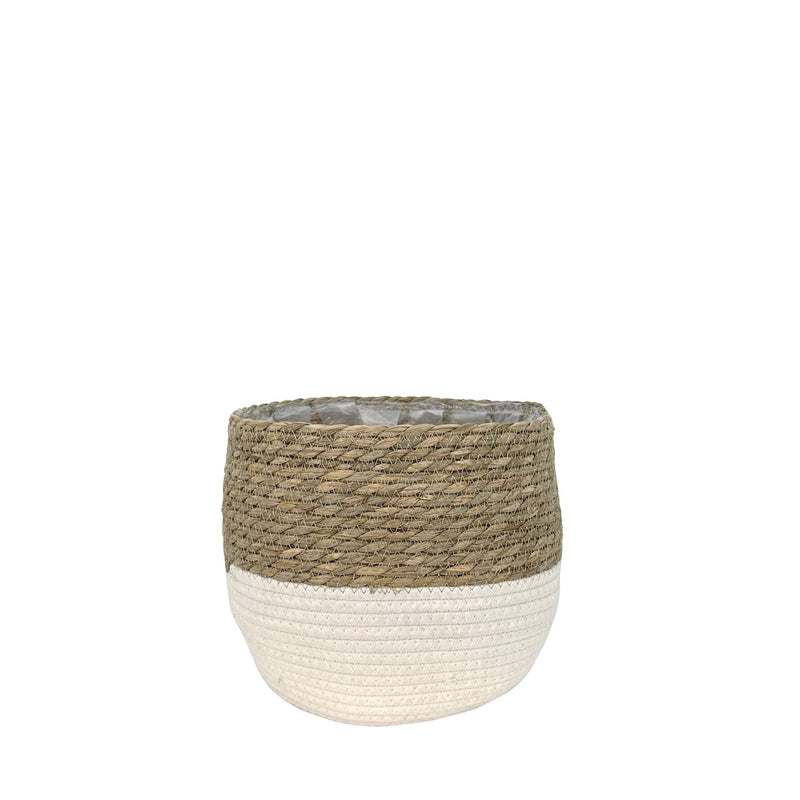 Lynne Weave Cotton Jute Round Basket Planter with Leaf-Proof Plastic Lining, 4-in E0