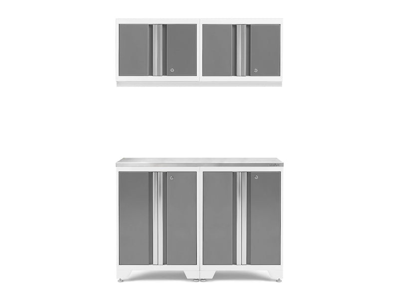 NewAge Bold 3.0 Series All-in-One Lockable Steel Garage Cabinetry Set with Stainless Steel Top, White/Platinum, 48-in x 18-in x 76.75-in, 5-pc D8