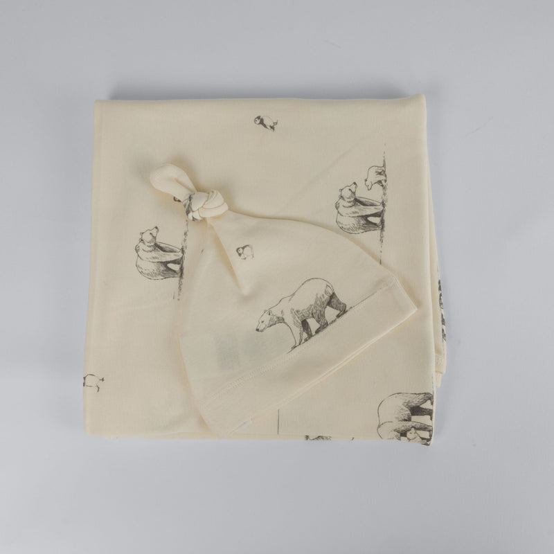 The Elk Baby Polar Bear Print Premium Organic Cotton Blanket and Beanie Set D7