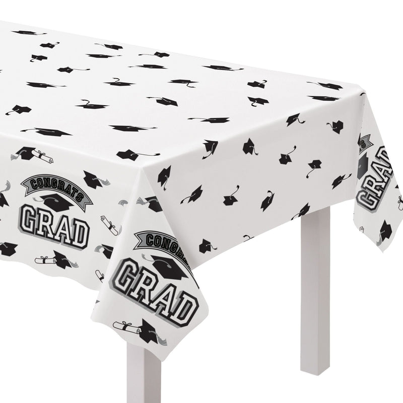 True to Your School "Congrats Grad" Rectangle Plastic Reusable Table Cover, Black/White, 54x84-in, for Graduation Y0