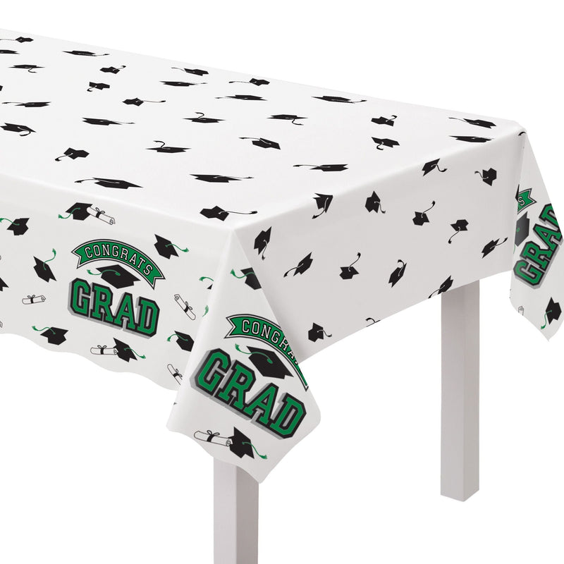 True to Your School "Congrats Grad" Rectangle Plastic Reusable Table Cover, Green, 54x84-in, for Graduation Y4