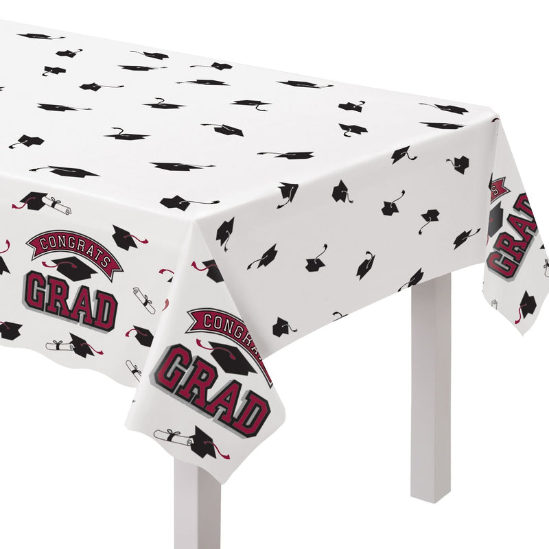 True to Your School "Congrats Grad" Rectangle Plastic Reusable Table Cover, Maroon, 54x84-in, for Graduation B4