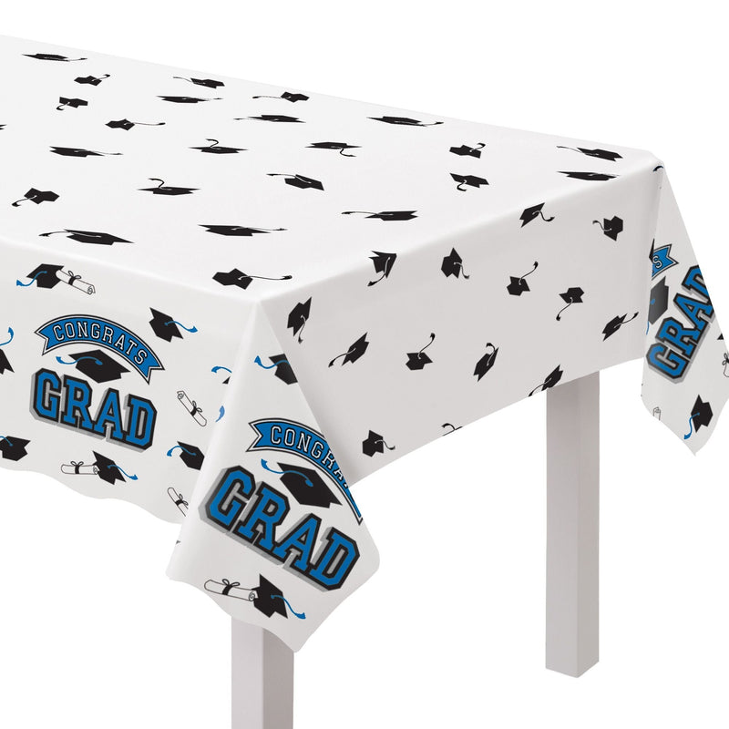 True to Your School "Congrats Grad" Rectangle Plastic Reusable Table Cover, Navy, 54x84-in, for Graduation J6