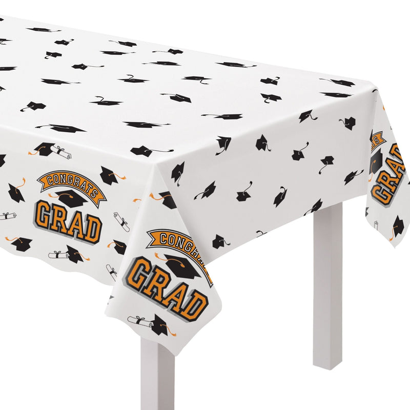 True to Your School "Congrats Grad" Rectangle Plastic Reusable Table Cover, Orange, 54x84-in, for Graduation S3