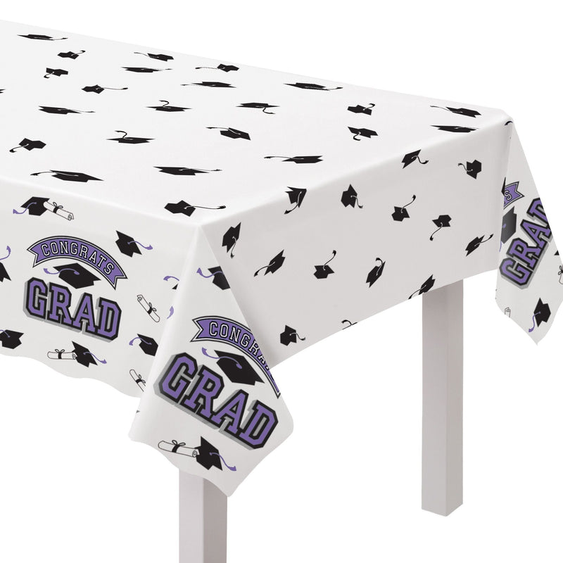 True to Your School "Congrats Grad" Rectangle Plastic Reusable Table Cover, Purple, 54x84-in, for Graduation A3