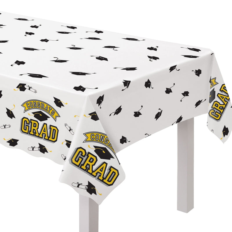 True to Your School "Congrats Grad" Rectangle Plastic Reusable Table Cover, Yellow, 54x84-in, for Graduation A5