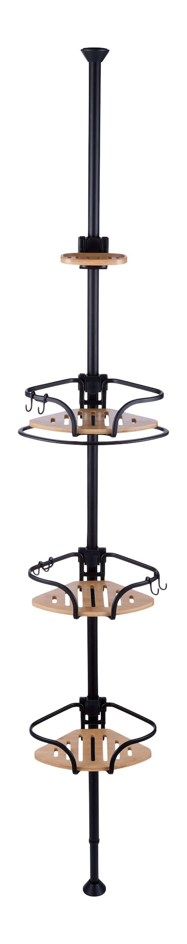 Type A 3-Tier Adjustable Rustproof Aluminum Shower Pole Caddy with Bamboo Trim, Matte Black P8