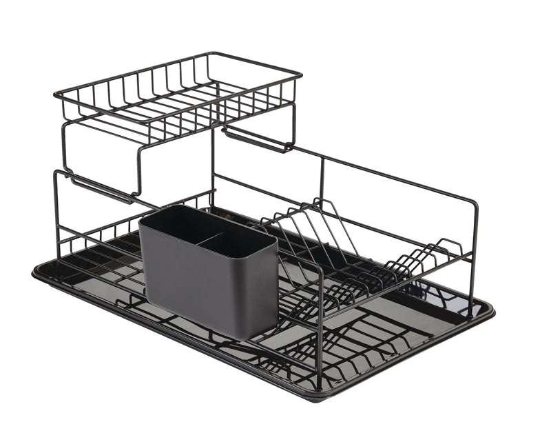 Type A Perspective Steel 2-Tier Dish Drying/Draining Rack with Cutlery Holder, 18.2 x 12.3-in, Black D0