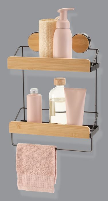Type A Wall Mounted 2-Tier Shower Rack, Black/Bamboo H7