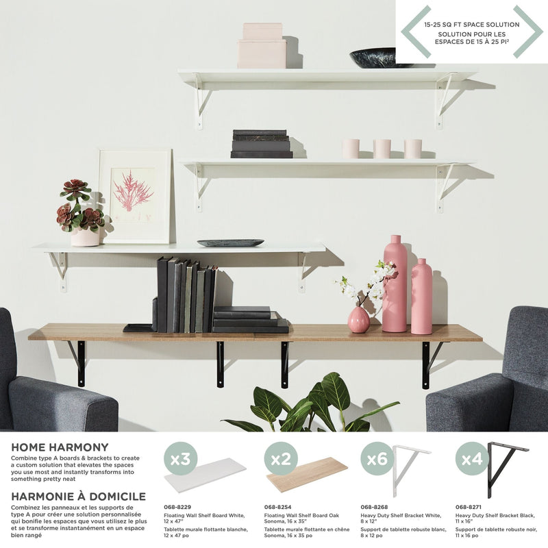 type A Wooden Floating Wall Shelf Board, White, 12 x 47-in N9