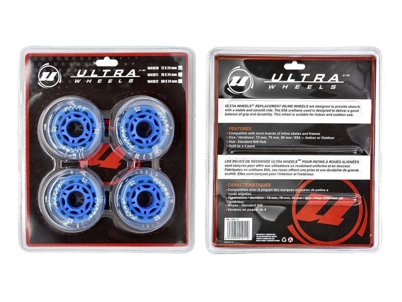 Ultra Wheels Inline Skates Replacement Wheels, Assorted Sizes, Blue, 4-pk J7