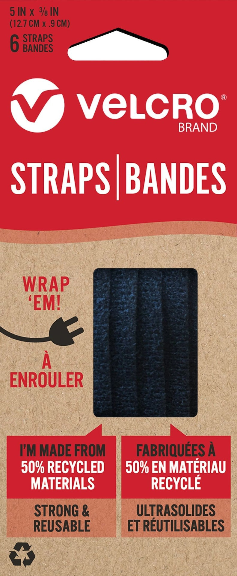 Velcro Adjustable Reusable Eco Pre-Cut Straps, Black, 5 x 0.3-in, 6-pk Q4