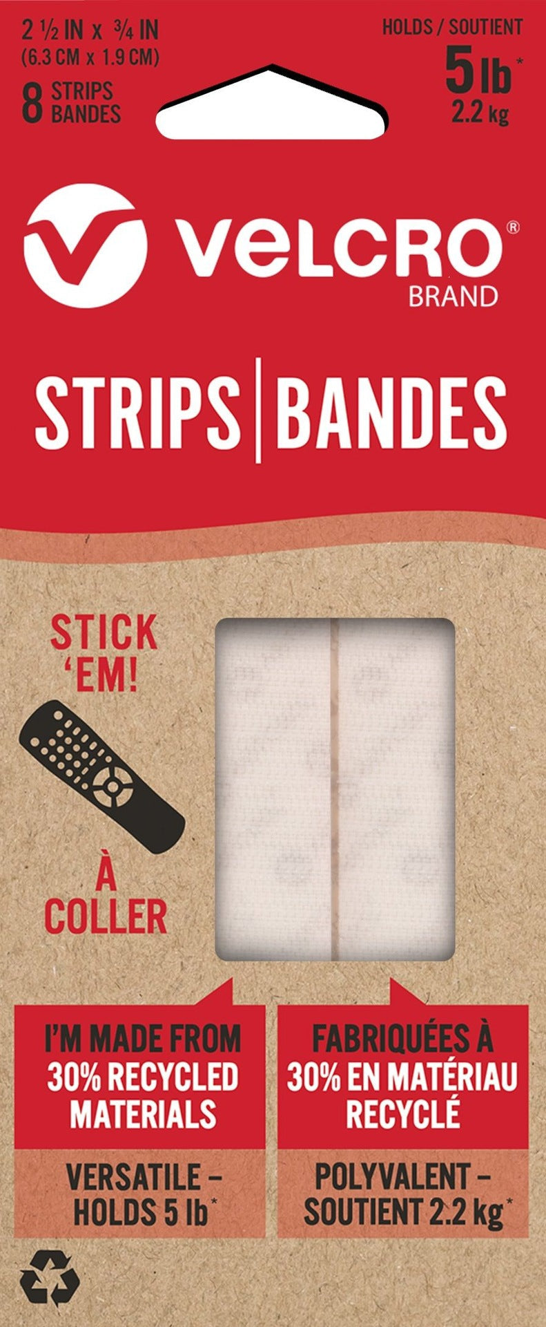 Velcro Durable Reusable Eco Strips, White, 5-lbs, 2.5 x 0.7-in, 8-pk C3
