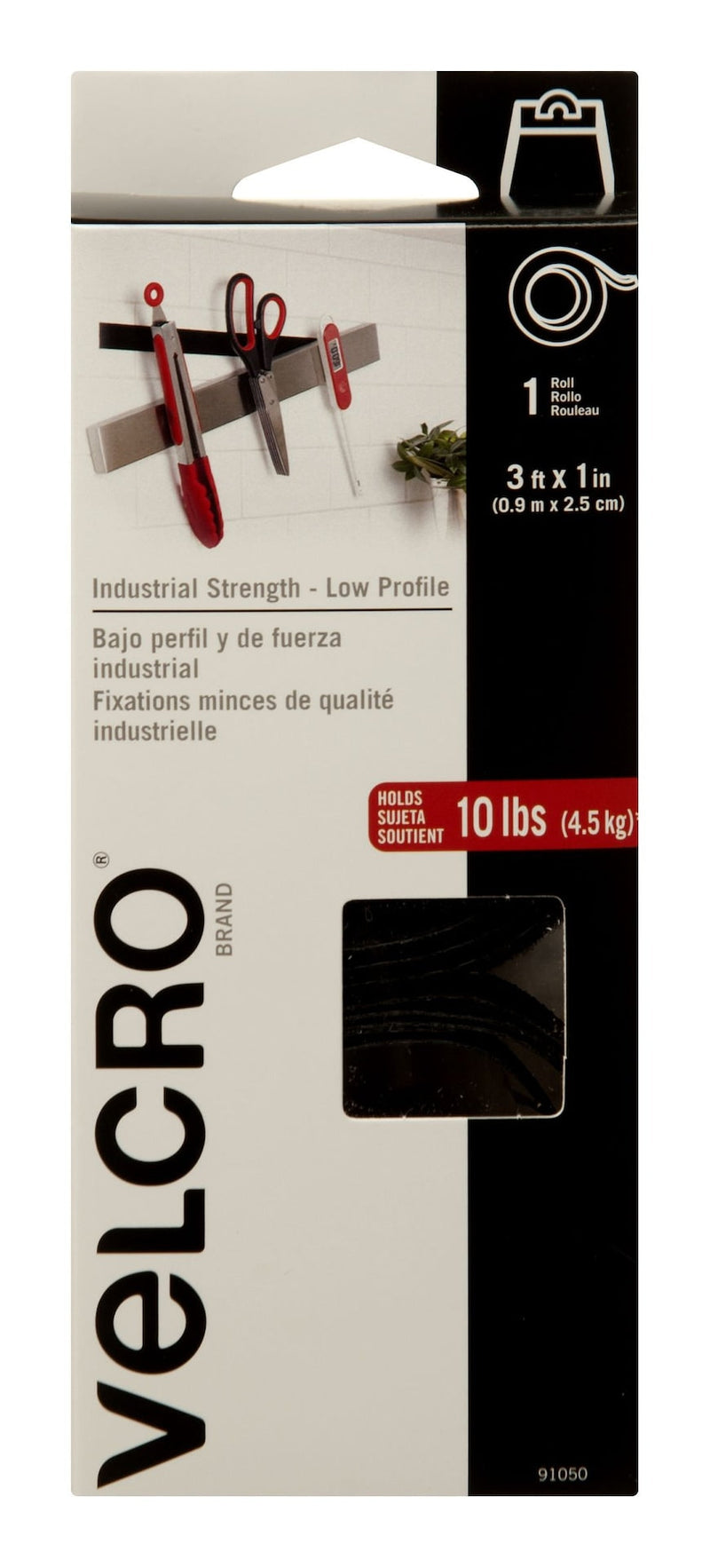 Velcro Industrial Strength Low Profile Heavy Duty Tape, Black, 10-lbs, 3-ft x 1-in, 1-pk K2