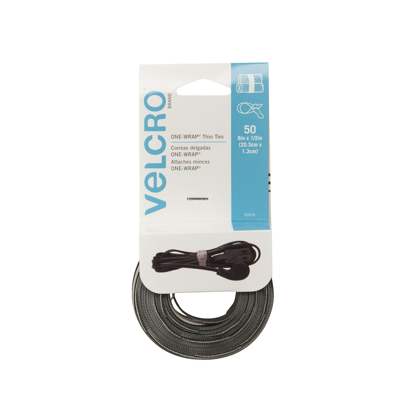 Velcro Reusable Thin Nylon Cable & Wire Ties, Black/Grey, 8 x 1/2-in, 50-pk Q7
