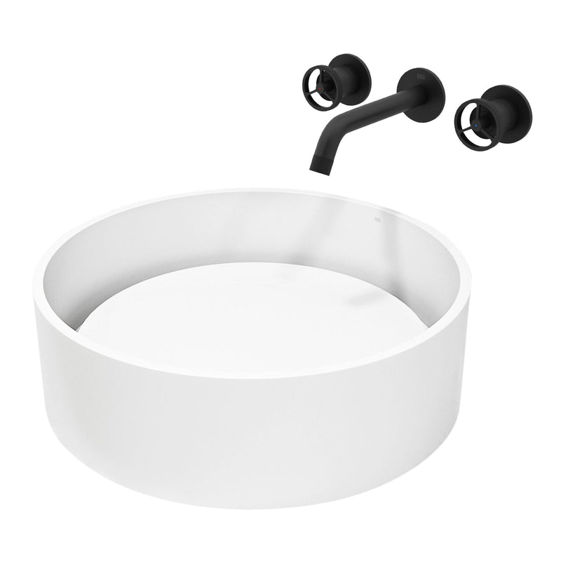 VIGO Anvil MatteStone Round White Composite Bathroom Sink/Basin Set with Cass Wall Mount Faucet and Pop-Up Drain Y0