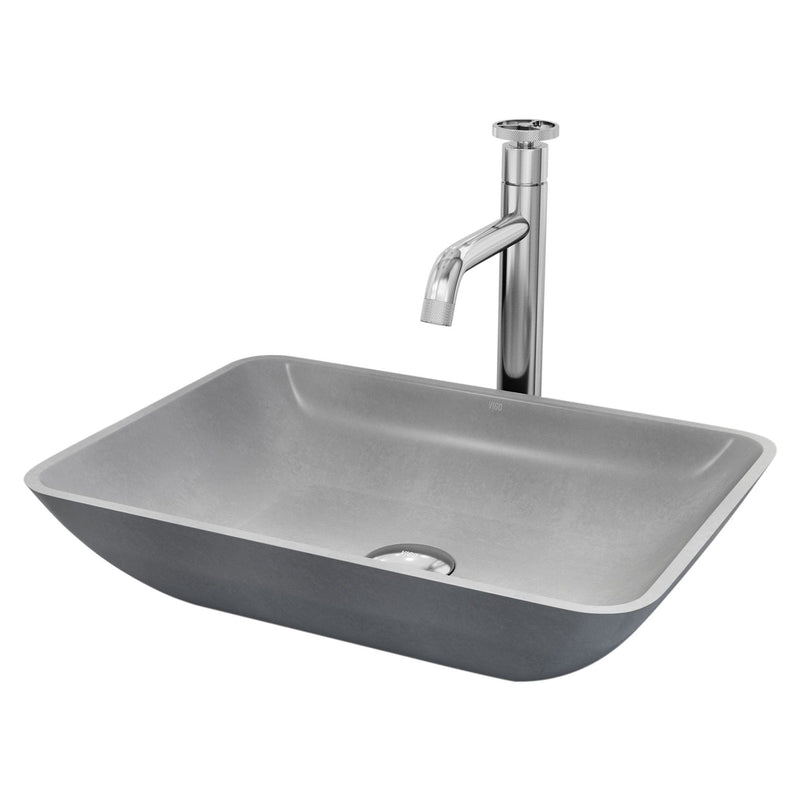 VIGO Duomo Gothic ConcretoStone Grey Bathroom Sink/Basin Set with Cass Faucet and Rectangular Vessel J5