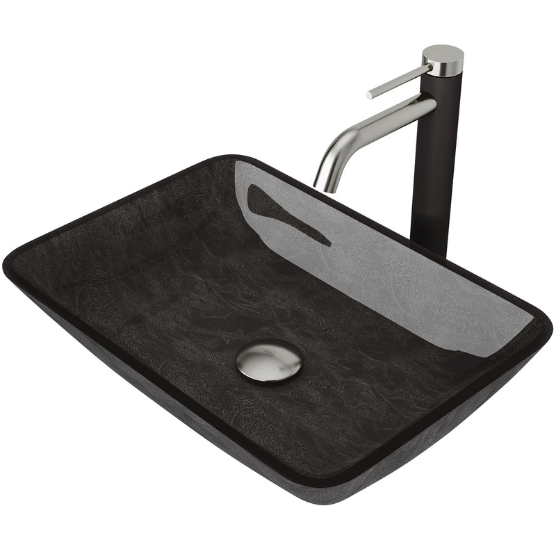 VIGO Glass Grey Onyx Bathroom Sink/Basin Set with Lexington Faucet and Rectangular Vessel E0