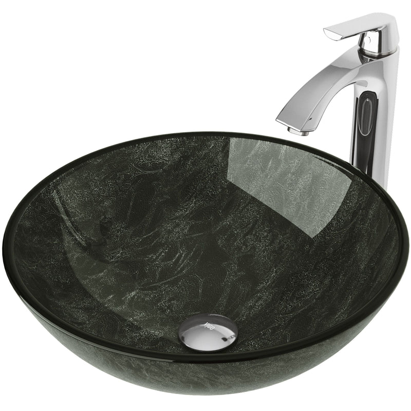 VIGO Glass Grey Onyx Bathroom Sink/Basin Set with Linus Faucet and Round Vessel H7