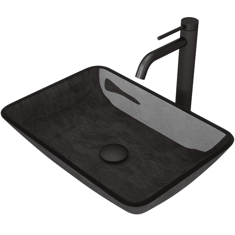 VIGO Glass Grey Onyx Bathroom Sink/Basin Set with Matte Black Lexington Faucet and Rectangular Vessel S4