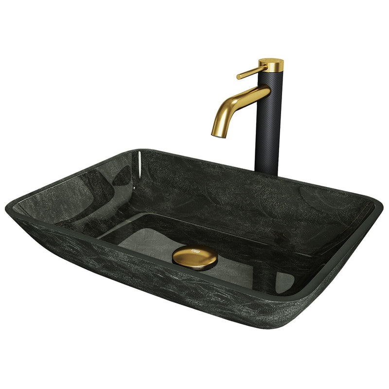 VIGO Glass Grey Onyx Bathroom Sink/Basin Set with Matte Gold Lexington Faucet and Rectangular Vessel B3