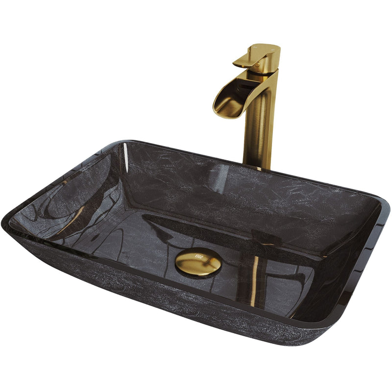 VIGO Glass Grey Onyx Bathroom Sink/Basin Set with Matte Gold Niko Faucet and Rectangular Vessel I9