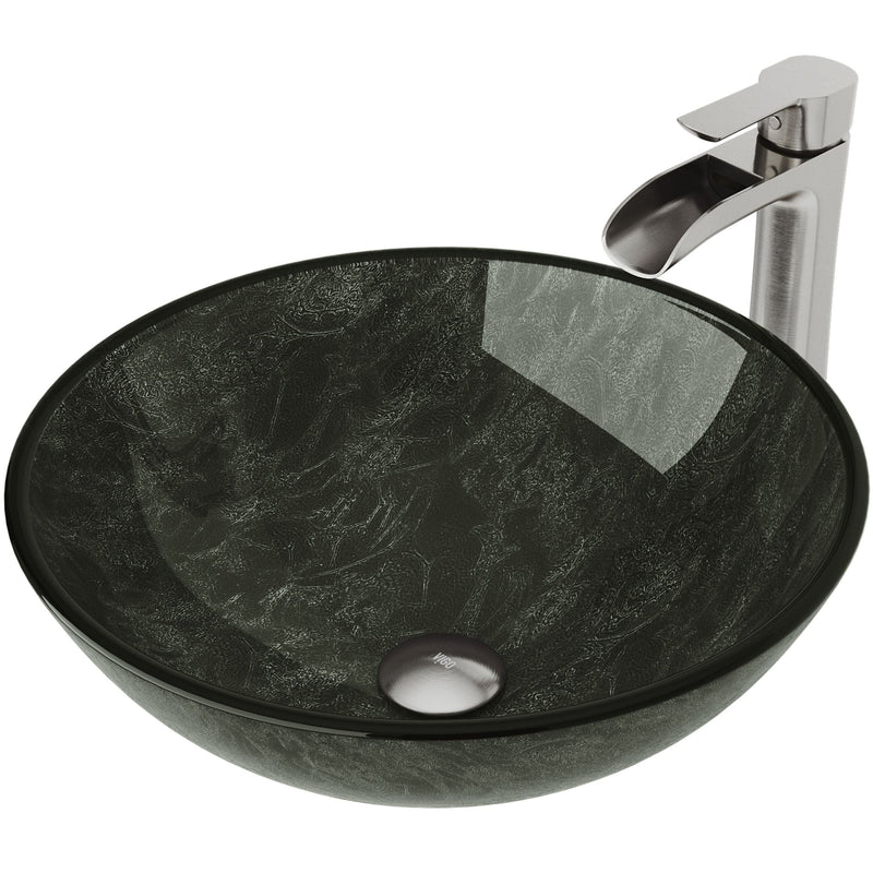 VIGO Glass Grey Onyx Bathroom Sink/Basin Set with Niko Faucet and Round Vessel W5