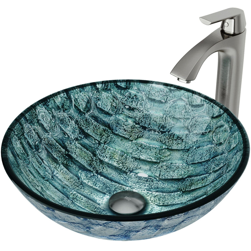 VIGO Glass Oceania Blue Bathroom Sink/Basin Set with Linus Faucet and Round Vessel P8