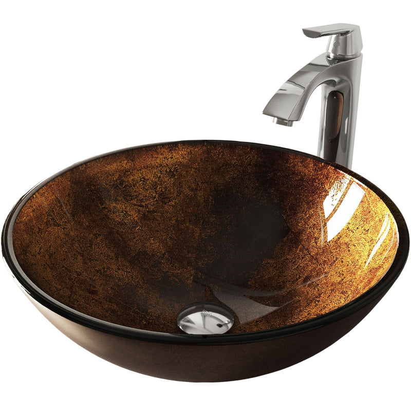 VIGO Glass Russet Brown Bathroom Sink/Basin Set with Linus Faucet and Round Vessel R1