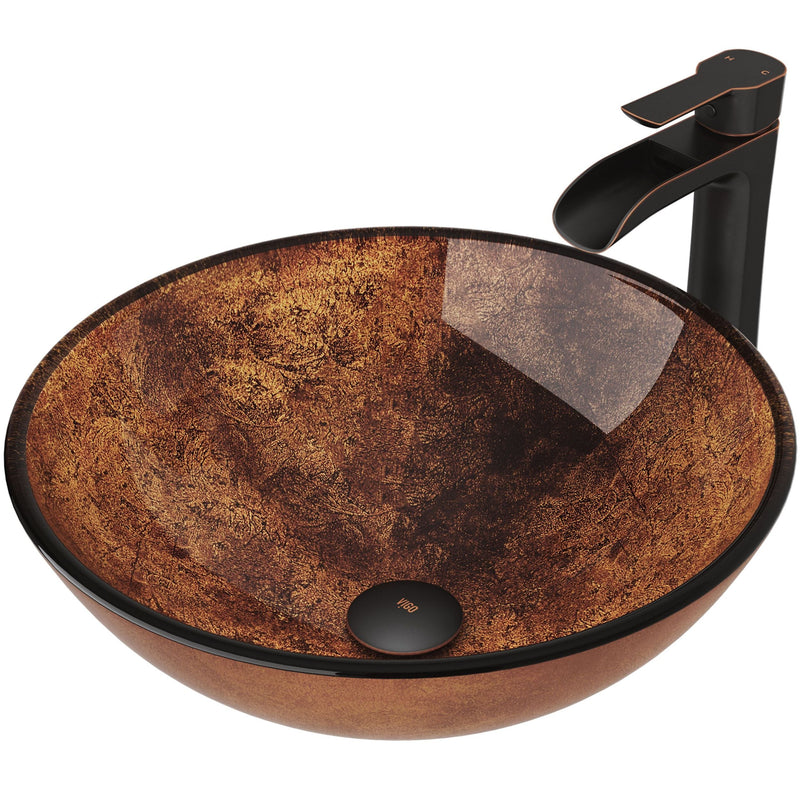 VIGO Glass Russet Brown Bathroom Sink/Basin Set with Niko Faucet and Round Vessel V2