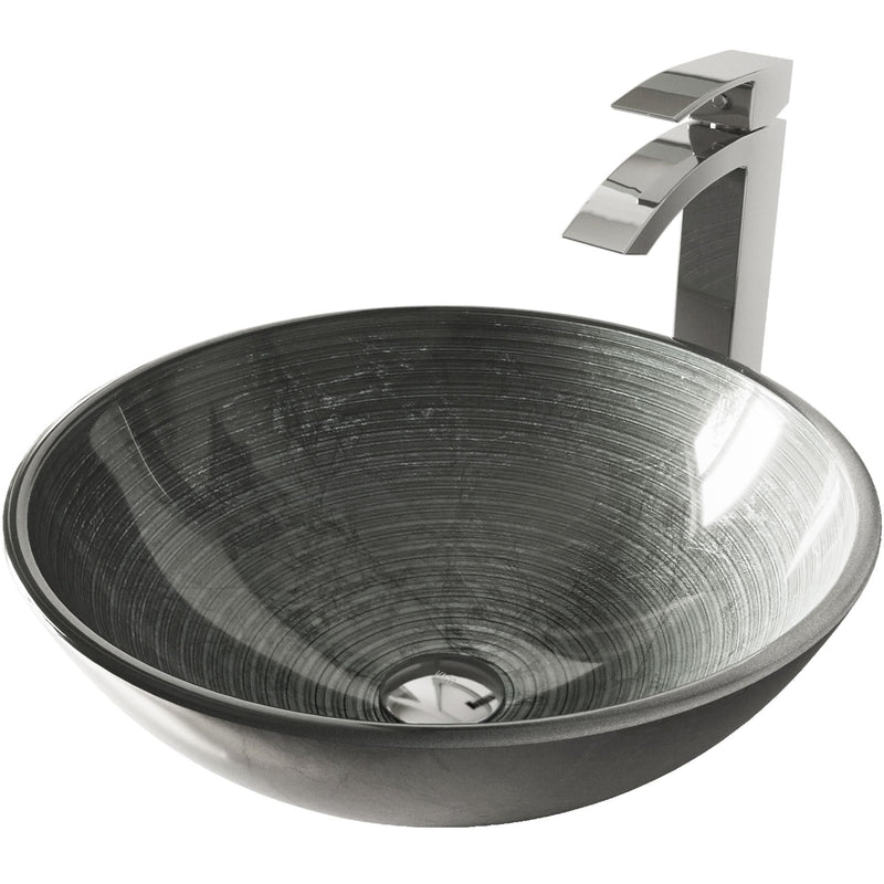 VIGO Glass Simply Silver Bathroom Sink/Basin Set with Chrome Duris Faucet and Round Vessel B9