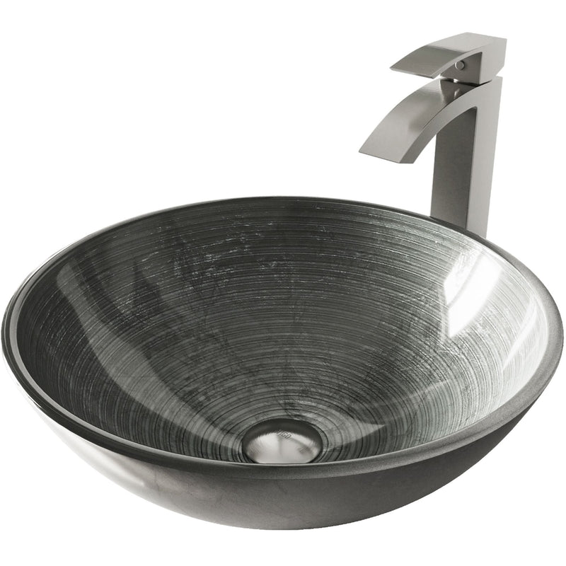 VIGO Glass Simply Silver Bathroom Sink/Basin Set with Duris Faucet and Round Vessel K9