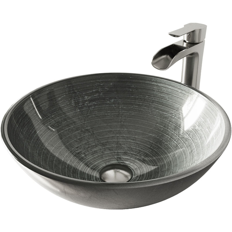 VIGO Glass Simply Silver Bathroom Sink/Basin Set with Niko Faucet and Round Vessel W5