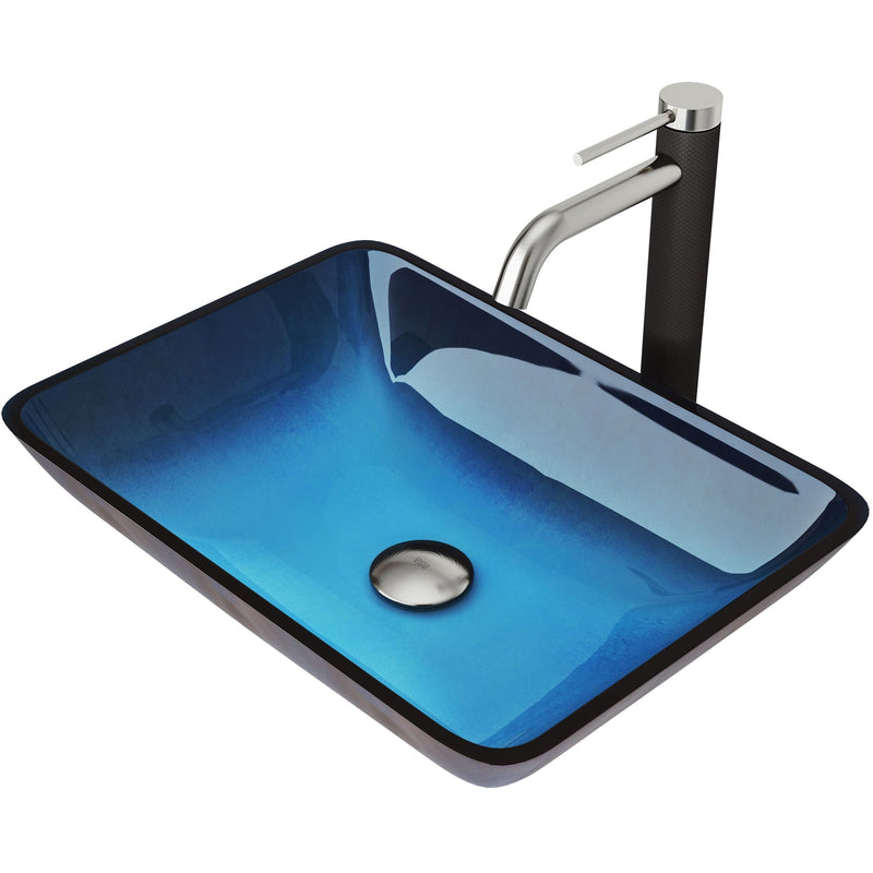 VIGO Glass Turquoise Water Bathroom Sink/Basin Set with Lexington Faucet and Rectangular Vessel I5