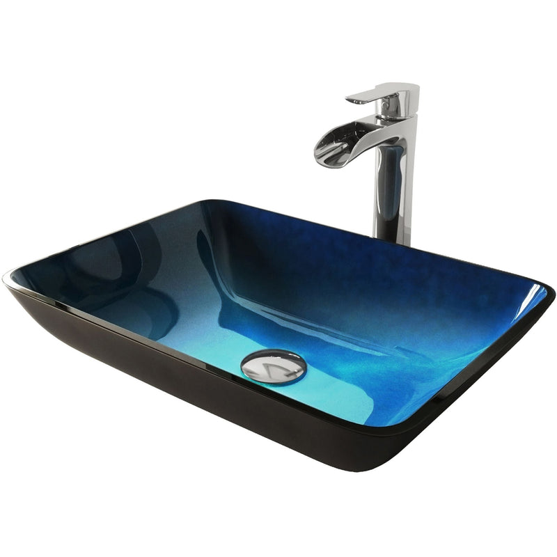 VIGO Glass Turquoise Water Bathroom Sink/Basin Set with Niko Faucet and Rectangular Vessel K7