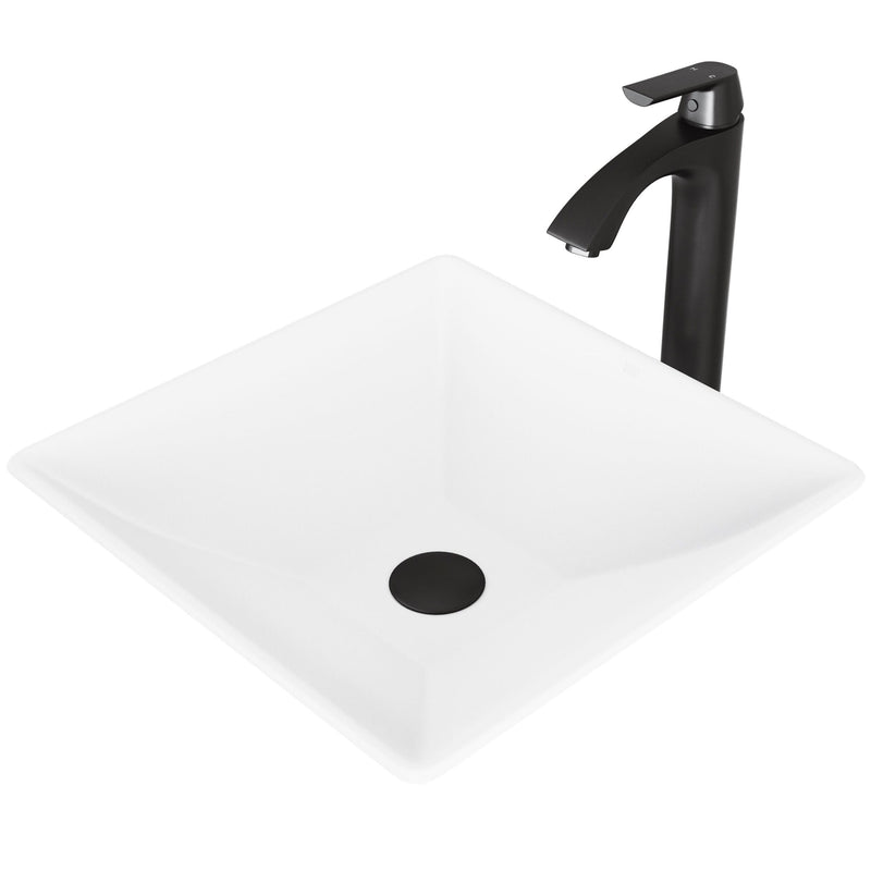 VIGO Hibiscus MatteStone White Bathroom Sink/Basin Set with Linus Faucet and Square Composite Vessel M3