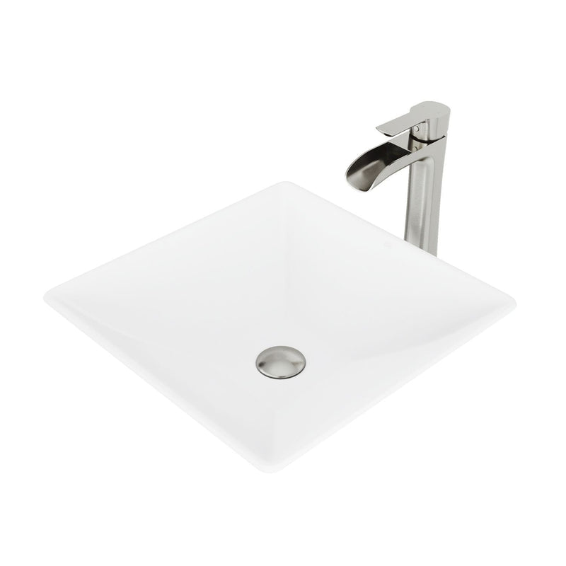 VIGO Hibiscus MatteStone White Bathroom Sink/Basin Set with Niko Faucet and Square Composite Vessel O7