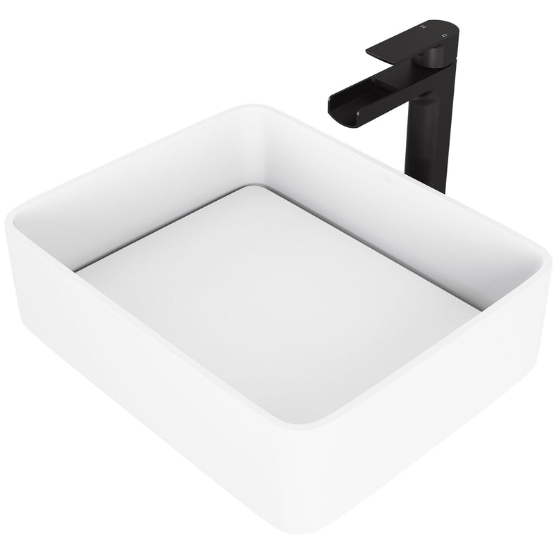 VIGO Jasmine MatteStone White Bathroom Sink/Basin Set with Amada Faucet and Rectangular Composite Vessel H3