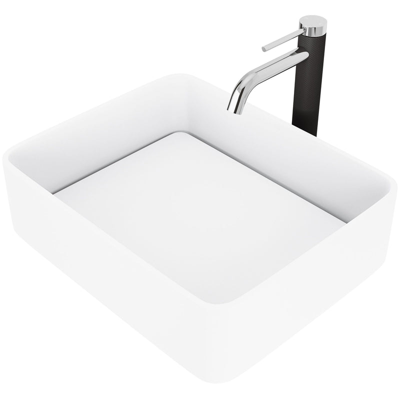 VIGO Jasmine MatteStone White Bathroom Sink/Basin Set with Lexington Faucet and Rectangular Composite Vessel V8
