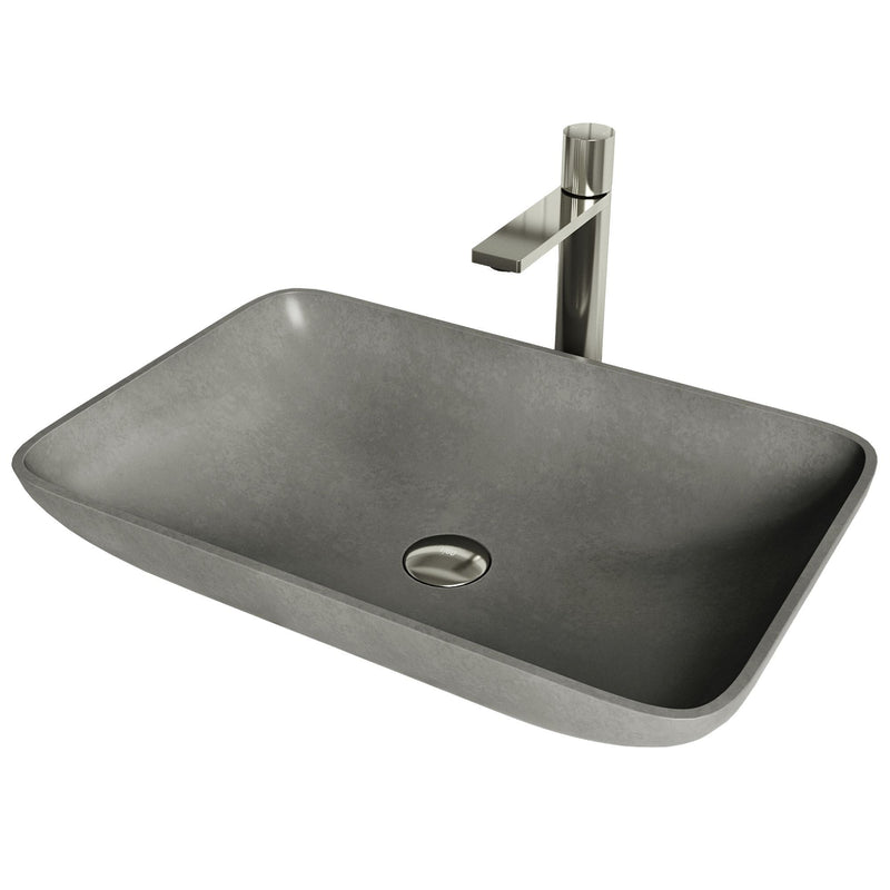 VIGO Lorca ConcretoStone Grey Bathroom Sink/Basin Set with Gotham Faucet and Rectangular Vessel P9
