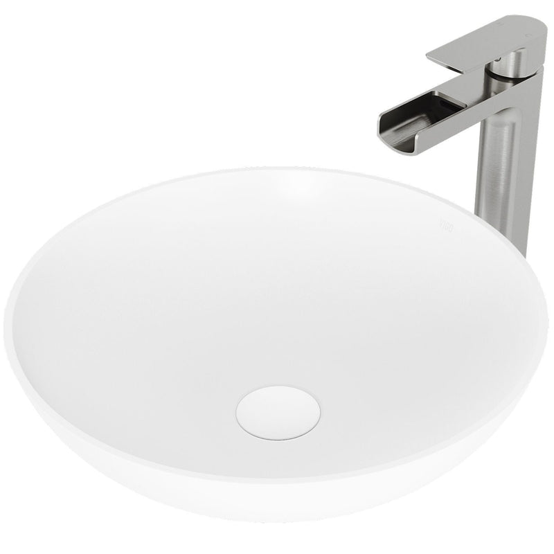 VIGO Lotus MatteStone Round White Composite Bathroom Sink/Basin Set with Amada Faucet and Pop-Up Drain T1