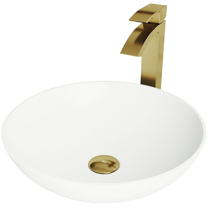 VIGO Lotus MatteStone Round White Composite Bathroom Sink/Basin Set with Duris Faucet and Pop-Up Drain X4