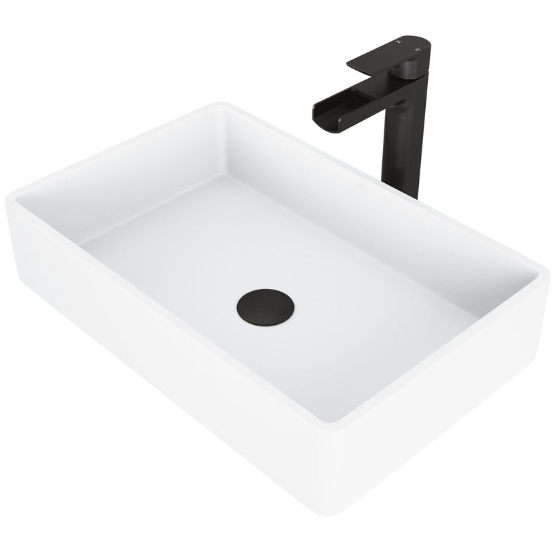 VIGO Magnolia MatteStone White Bathroom Sink/Basin Set with Amada Faucet and Rectangular Composite Vessel A9