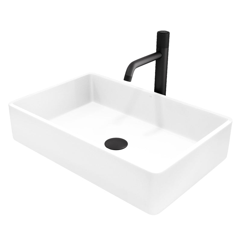 VIGO Magnolia MatteStone White Bathroom Sink/Basin Set with Apollo Faucet and Rectangular Composite Vessel M3