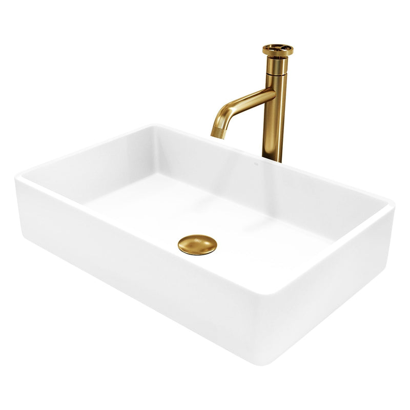 VIGO Magnolia MatteStone White Bathroom Sink/Basin Set with Cass Faucet and Rectangular Composite Vessel E4