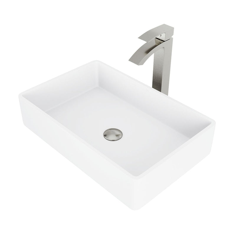 VIGO Magnolia MatteStone White Bathroom Sink/Basin Set with Duris Faucet and Rectangular Composite Vessel P3